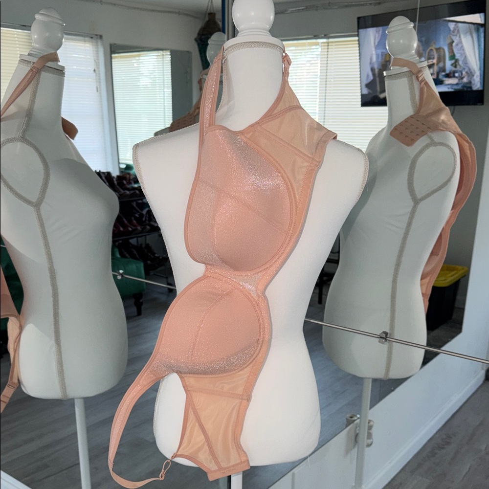 Sheer Halter Bodysuit Bra in Peach for Women